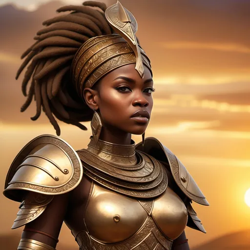 Prompt: A fierce warrior princess in traditional African armor, (intense expressions), standing at the forefront of an all-female army, (battle-ready poses), set against the vast savannas of West Africa, 1500s, (dramatic golden sunset lighting), (dynamic atmosphere), ultra-detailed, focusing on regal elegance and strength, rich earth tones blending harmoniously with the vibrant landscape.