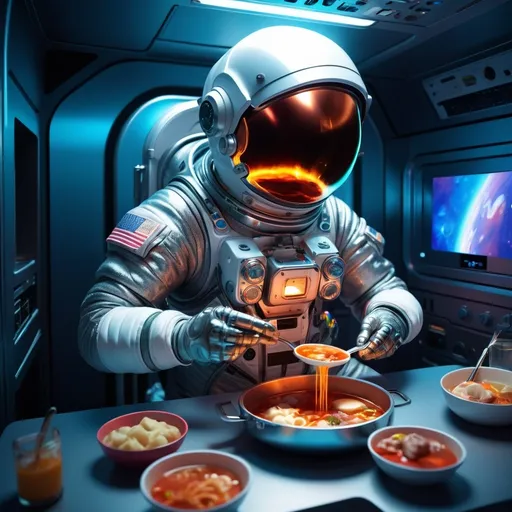 Prompt: Astronaut eating hotpot in microwave, space suit, futuristic metal utensils, realistic 3D rendering, high quality, sci-fi, futuristic, space-themed, detailed space suit, glowing microwave, vibrant space colors, atmospheric lighting