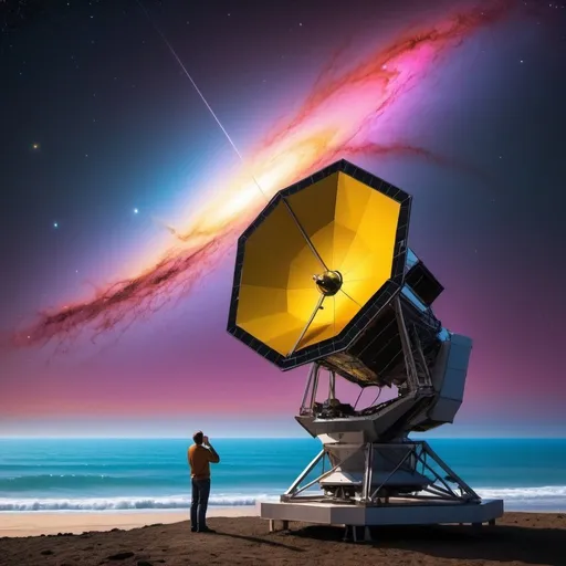 Prompt: James Webb Space Telescope capturing the first light from ancient galaxies in the moments after the Big Bang, displaying a spectrum of vivid and intricate hues that define the early universe, beachside view included, solitary man observing the cosmos with his telescope, infused with digital painting, breathtaking surreal masterpiece