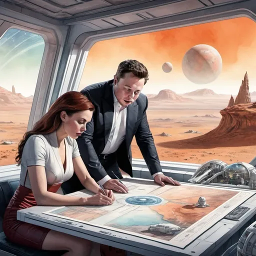 Prompt: A futuristic watercolor depiction of Elon Musk studying a blueprint for a Mars colony with a charming woman beside him. The backdrop showcases Martian scenery and advanced habitats, capturing Musk's intense focus on strategizing. Watercolor painting gaining popularity on artstation, with precise details and intricate design, created by greg rutkowski