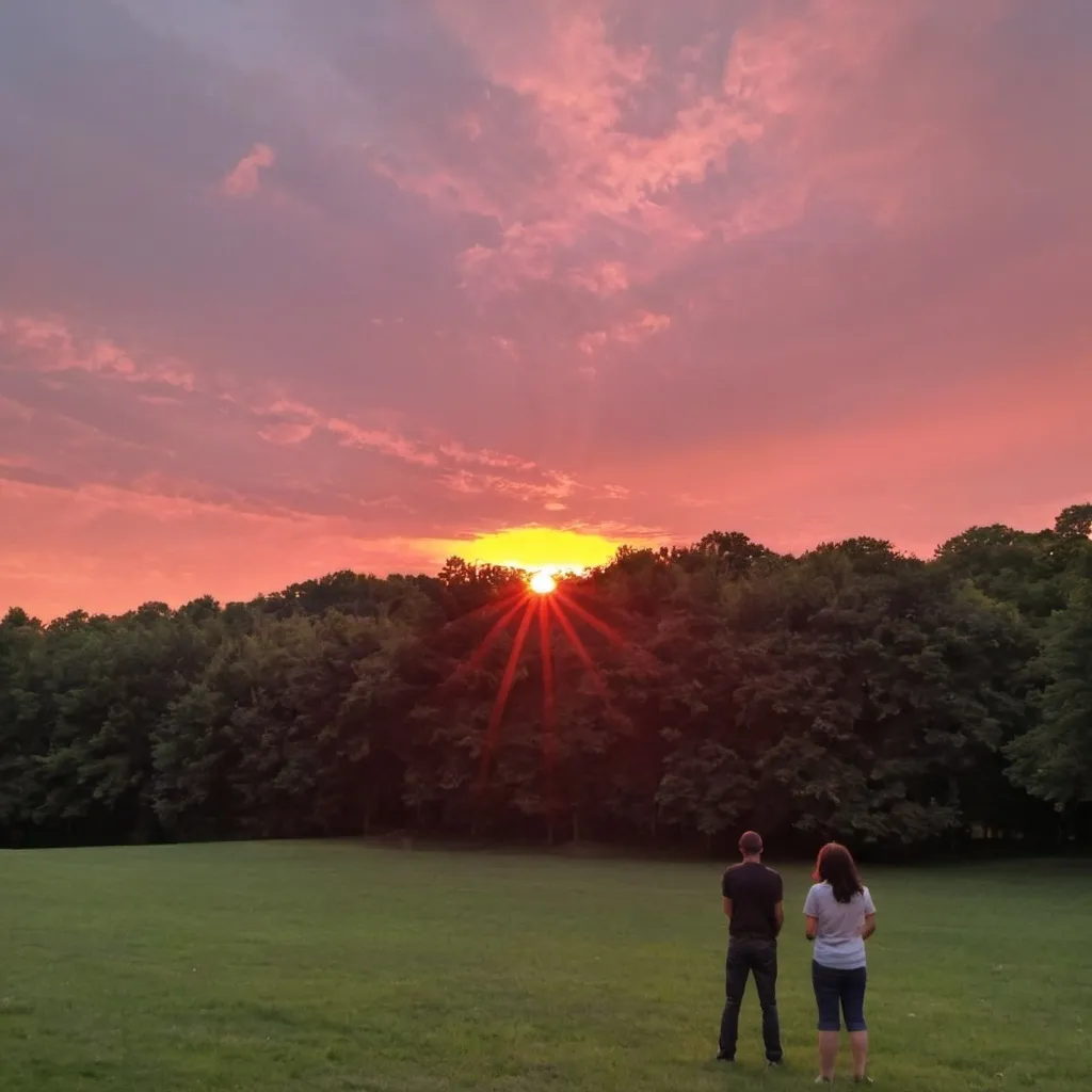 Prompt: (dazzling sunset photo):1 (low quality, smartphone shot):2 (sky in a western park):2 (location: West Virginia USA):1 (rosy sunlight):1,5 (a couple standing, shown from behind):1