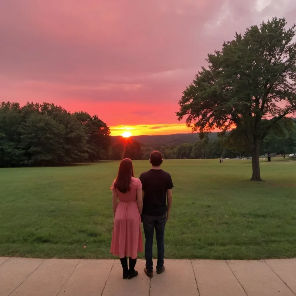 Prompt: (dazzling sunset photo):1 (low quality, smartphone shot):2 (sky in a western park):2 (location: West Virginia USA):1 (rosy sunlight):1,5 (a couple standing, shown from behind):1