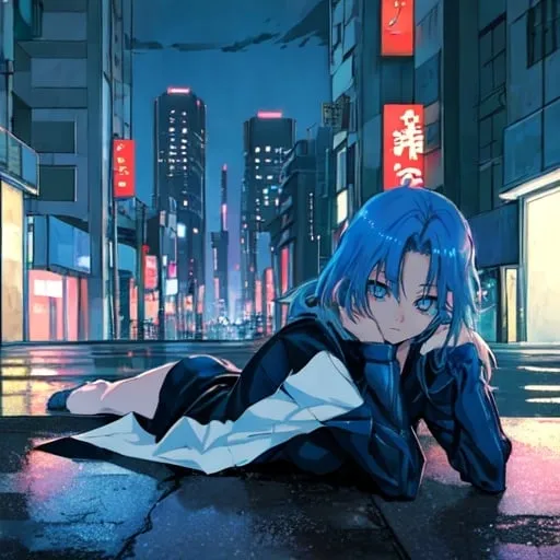 Prompt: Girl laying on concrete, Tokyo skyline, blue art anime, 90s style, lofi, urban setting, detailed eyes, cool tones, atmospheric lighting, highres, aesthetic, relaxed pose, urban landscape, skyline view