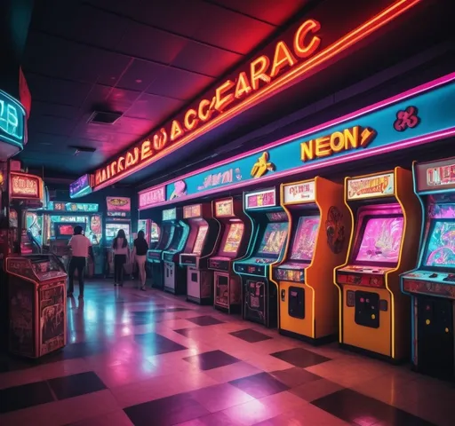 Prompt: 1980s mall vibrant with neon, retro arcade games, lively atmosphere, detailed neon signs, high-energy, colorful, vibrant, arcade games, retro style, neon lights, bustling crowd, lively music, best quality, highres, energetic lighting, neon, retro, nostalgic, fun atmosphere