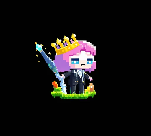 Prompt: growtopia, rambut pink, bermahkota,membawa katana di punggung nya,baju jas hitam, mata biru ,cape, cantik 