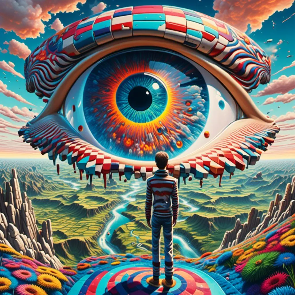 Prompt: <mymodel> Synthetic Landscapes,
Create an image where the viewer is looking into a human eye. (man) In the eye's reflection, depict a futuristic and war-torn world. The landscape should be overrun with advanced AI technology, such as towering robots, autonomous drones, and dilapidated buildings covered in digital advertisements and holograms. The overall mood should be dark and dystopian, with a cold, metallic color palette and hints of destruction. The eye itself should appear a nuclear explosion but with a hint of artificial enhancement, like a glowing cybernetic iris