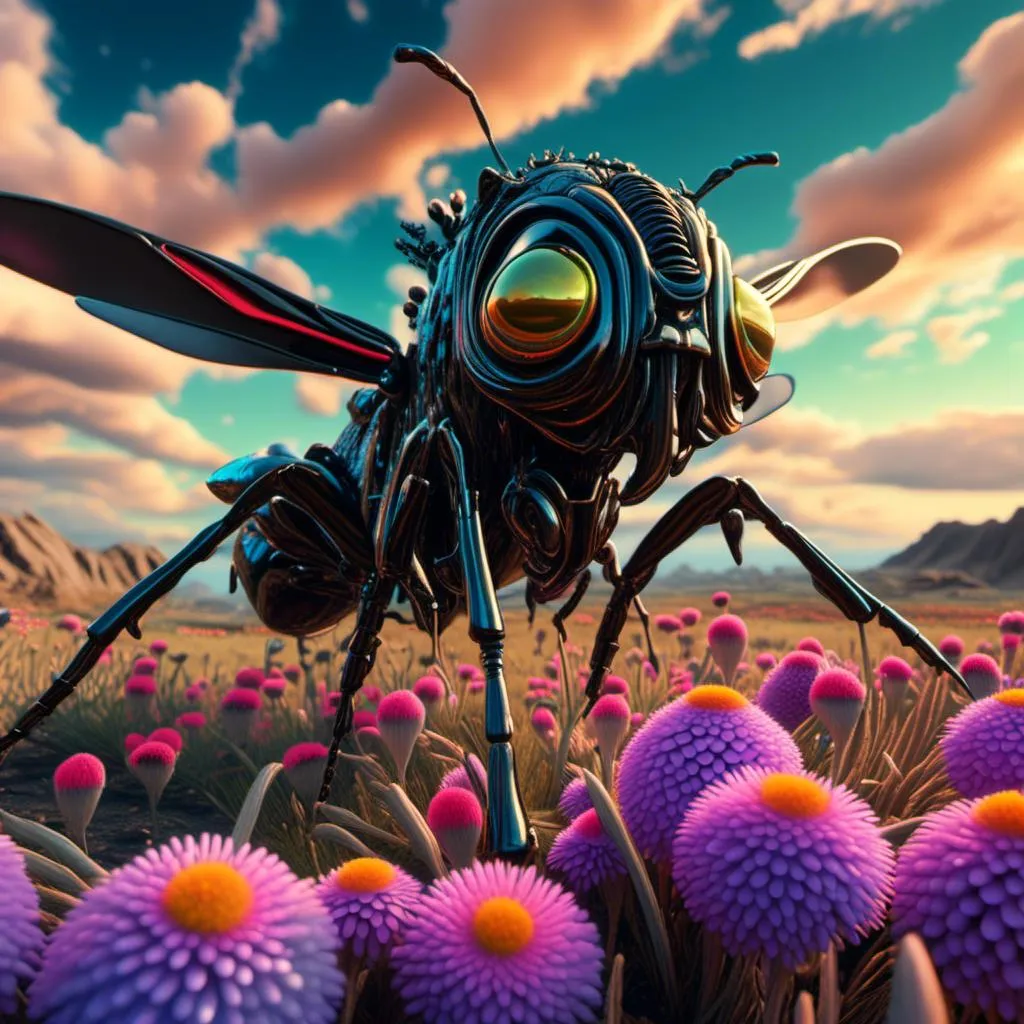 Prompt: <mymodel> Synthetic Landscapes
Album Cover by Artist Roger Dean,
A closeup of an insect fly with a Machine Gun Mouth, black for a head, ultra sleek, unreal engine, octane render, hdr, 32k