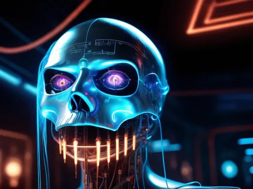 Prompt: Surreal death phantom of the Opera 2040 cyberpunk with liquid neon blue eye wandering in an enigmatic electrical dreamscape, highres, surrealistic, electrical diagrams, dark and mysterious, detailed android design, surreal, atmospheric lighting
