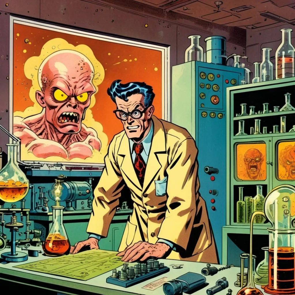Prompt: A mad scientist in a lab, in the style of Jack Kirby and Wally Wood, 1940s vintage comic, faded colors