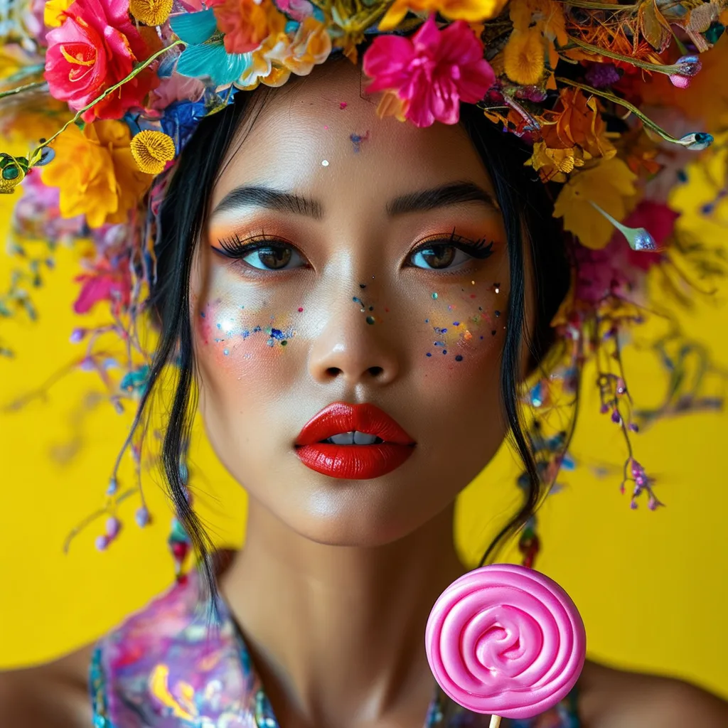 Prompt: Beautiful Asian black high fashion model with a cosmic lollipop
