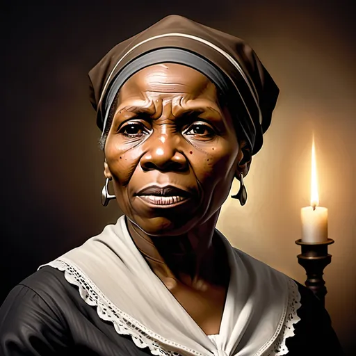 Prompt: Generate a high-quality, realistic image of Harriet Tubman, the American abolitionist and former slave. Depict her in her mid-40s, wearing a long, dark-colored dress and a headscarf, with a determined and courageous expression. Incorporate subtle, warm lighting to convey a sense of strength and resilience. Output resolution: 1024x1024 pixels.