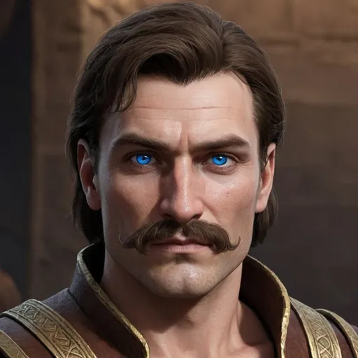 Prompt: A zingaran nobleman from the conan lore. blue eyes, brown hair, with a moustache and small beard. Short cropped hair. Facial scars visible.