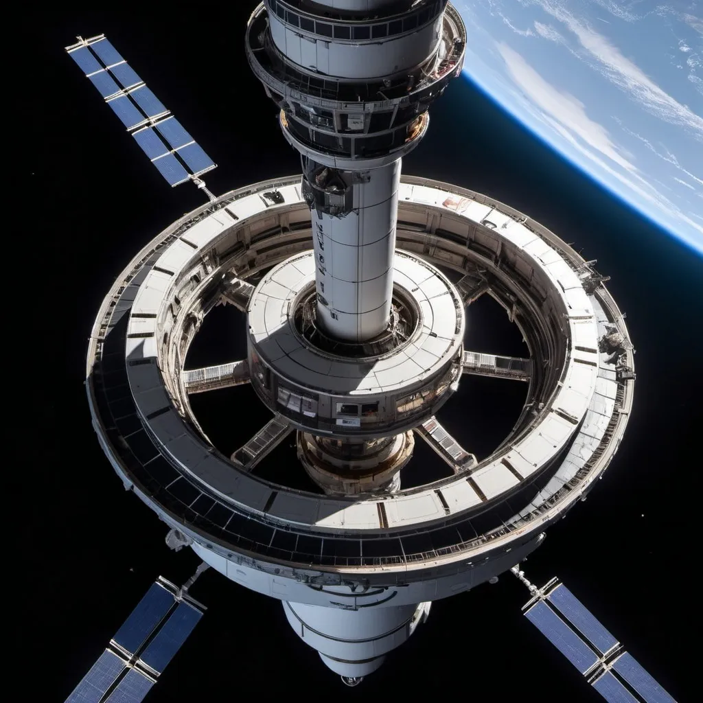 Prompt: Torus Ring Space Station that circles around a space elevator tether to earth below. The station has three damaged hull sections and debris floating out from the impact zones. A team of 8 astronauts
 are space walking on the exterior hull and moving to avoid a debris field.