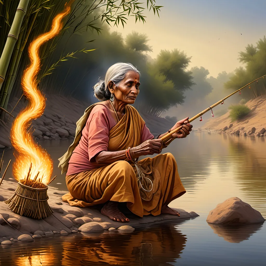 Prompt: A silent beautiful old Hindu woman fishing with a japamese bamboo fishing rod on a flaming river bank, highly detailed with gold and feces