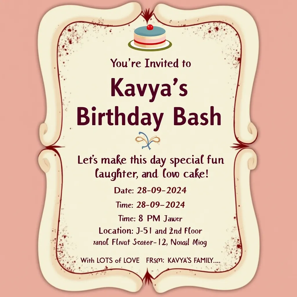 Prompt: You're Invited to Kavya's Birthday Bash!
Let’s make this day special with fun, laughter, and lots of cake! 🎂
Date: 28-09-2024 
Time: 8 PM 
Location: J-51, 2nd Floor, Sector-12, Noida
We would love to have you with us on this special day!  
With LOTS of LOVE
From : Kavya’s Family…