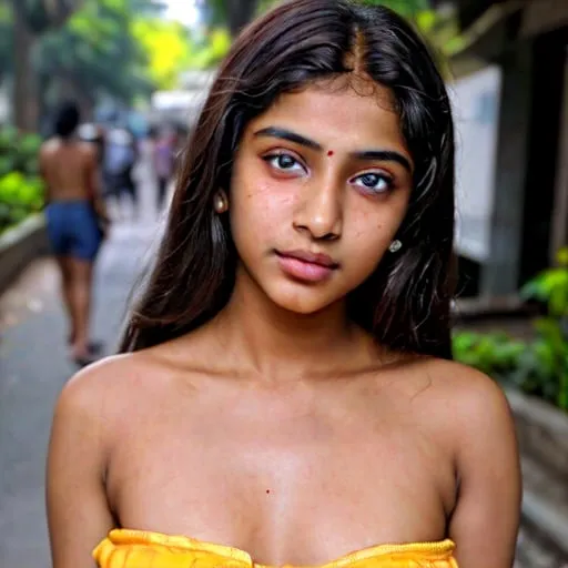 Prompt: 1 girl, light skin tone, beautiful eyes, strapless, 15 year old indian Bollywood actress, Face, XM, natural figure, Selling mangoes on street