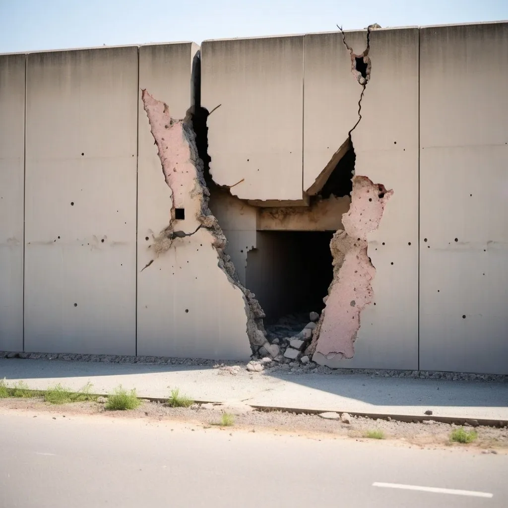 Prompt: a fragment of a modern military base wall with fissure blown by bomb from a bird view with a lighter in fissure
