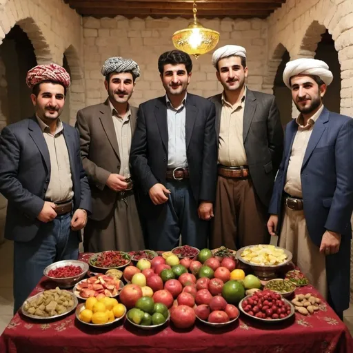 Prompt: Kurdish yalda night, a group of kurdish gentlemen in kurdish traditional clothing 