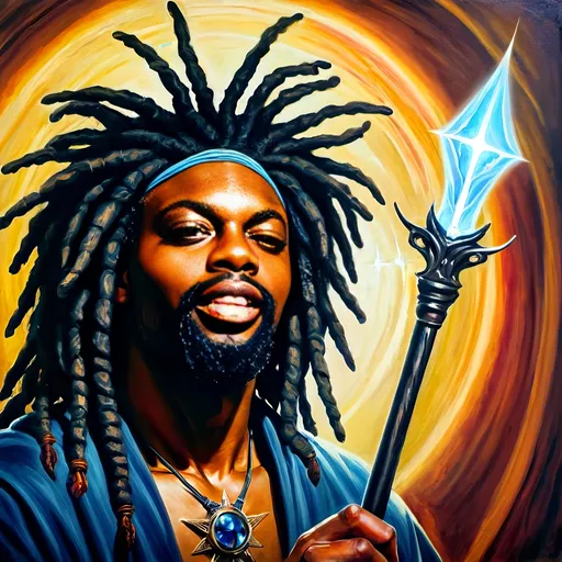 Prompt: Black man with dreads, wizard of light with a staff, Archangel Michael, ancestors, fairies,  by his side ..duality, full of love, magical realism, oil painting, mystical atmosphere, warm lighting, ethereal glow, surreal fantasy, 4k, ultra-detailed, vibrant colors, magical, spiritual, mystical, intricate details, spiritual art, powerful presence, luminous staff