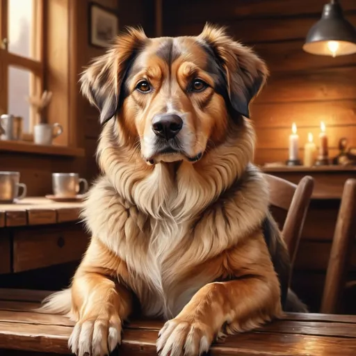 Prompt: Realistic digital painting of a majestic dog sitting on a wooden table, warm and cozy atmosphere, detailed fur with warm highlights, intense and intelligent gaze, high-quality, realistic, warm tones, cozy lighting