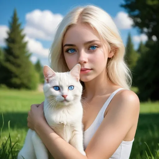 Prompt: Create me a photo of girls have a dog and white cat with blue eyes and the cat is in her body and the dog is stand near to her and background is grass with trees and sky is blue and she is so beautiful 