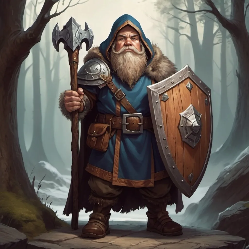 Prompt: dwarf character holding a warhammer and wooden shield, wearing a hood and cloak, posed blocking with shield, fantasy character art, illustration, dnd, nature tone