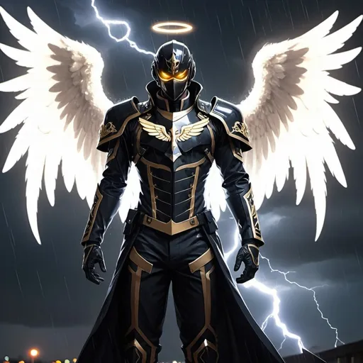 Prompt: A full body picture of an elite commander assembled with angel wings with a dark mask and a fancy shiny uniform looking at the sky with his glowing white eyes in a rainy night while the lightning is furious.