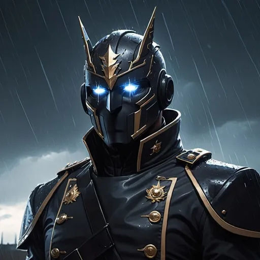 Prompt: An elite commander with a dark mask and a fancy dark uniform looking at the sky with his glowing white eyes in a rainy night while the lightning is furious.