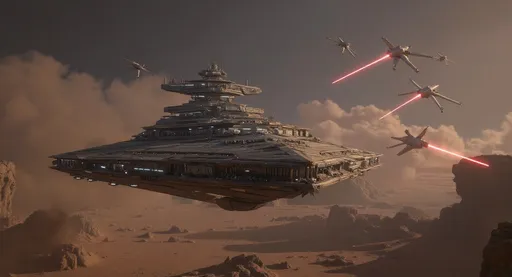 Prompt:  create a battle sequence with a  star destroyer fighting rebel ships while in the planets atmosphere