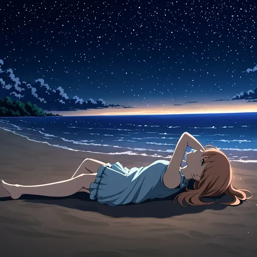 Prompt: anime, girl, lying down on a beach alone at night watching the stars 