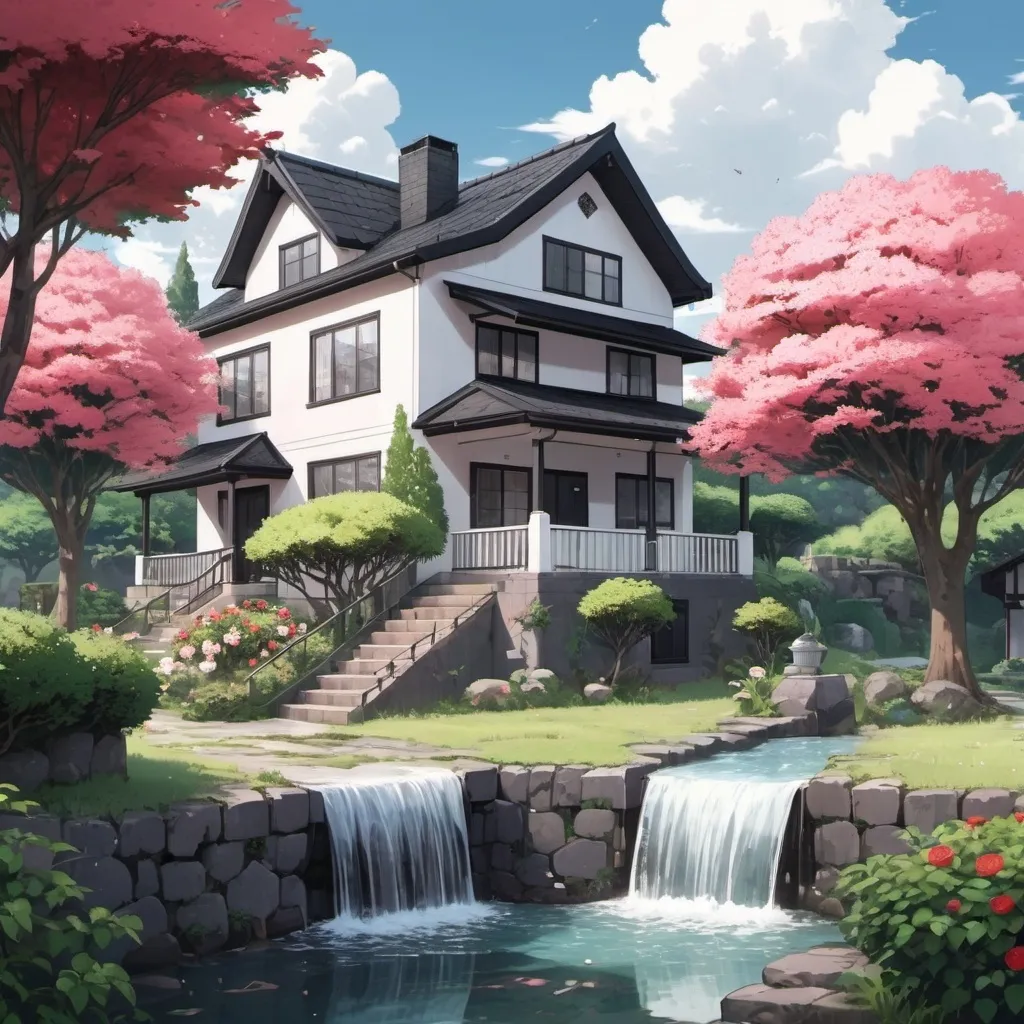 Prompt: small settlement, anime style art, a modern two story white house with black shingles with lots of rose bushes in the garden in front of the house. There are also hawthorn trees around it. Beside it is a small waterfall with hot spring anime style