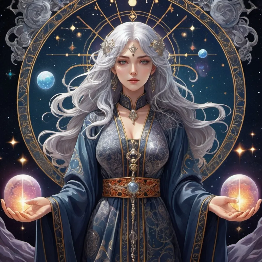 Prompt: tarot card Anime illustration, a silver-haired woman, detailed ornate cloth robe, dramatic lighting