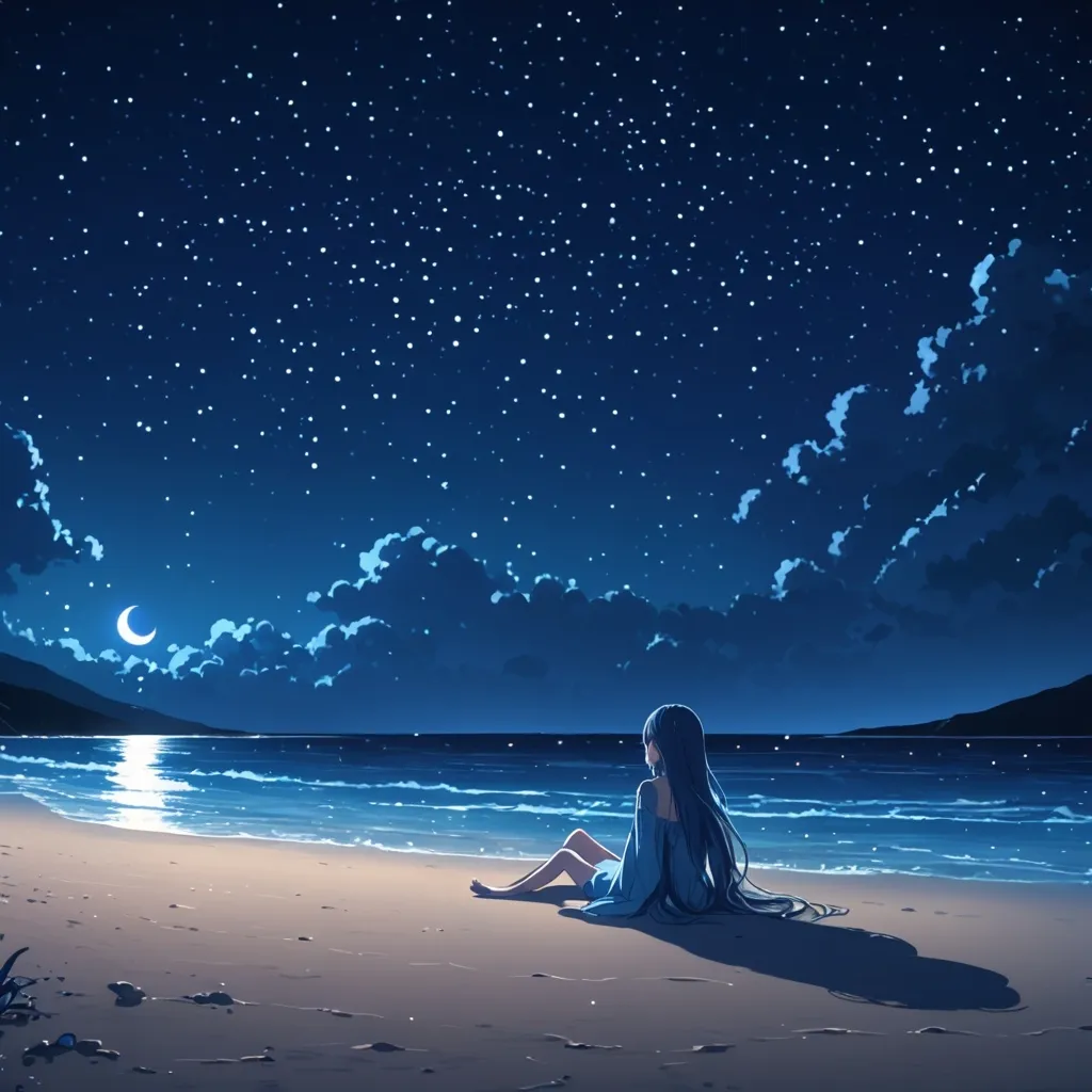 Prompt: anime, girl, lying down on a beach alone at night watching the stars 