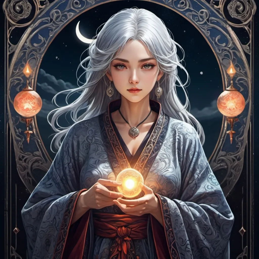 Prompt: tarot card Anime illustration, a silver-haired woman, detailed ornate cloth robe, dramatic lighting