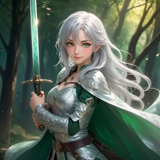 Prompt: A beautiful anime girl with stunning silver hair and gorgeous hazel eyes, with a beautiful kind smile on her face holding a long dark green colour sword