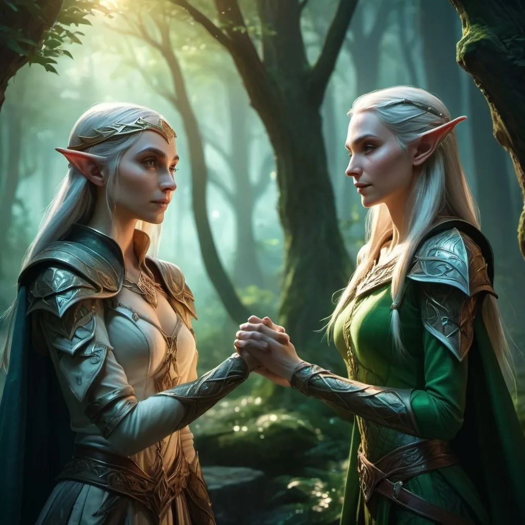 Prompt: dungeons and dragons fantasy art female elf leaders of different clans shaking hands making peace