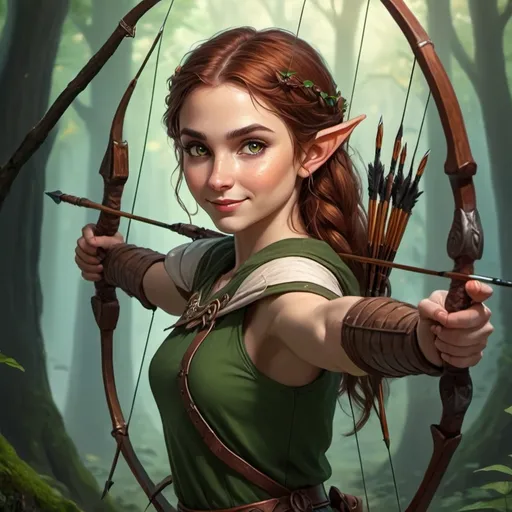 Prompt: dungeons and dragons fantasy art young elf female archer with dark dark auburn hair and beautiful hazel eyes with long natural eyelashes, smiling brightly 