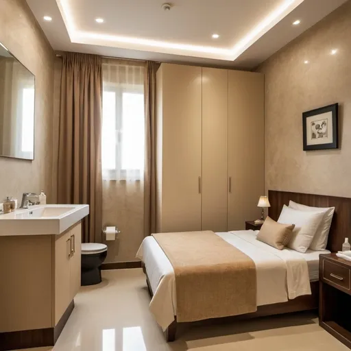 Prompt: Room with a single bed beige theme washroom and classic design