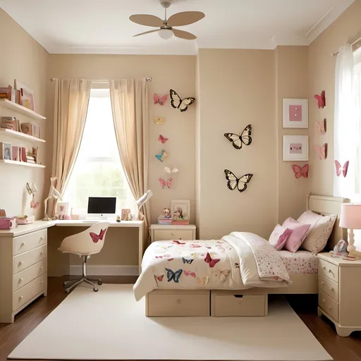 Prompt: Kids bedroom with butterfly theme highly asthetic beige color