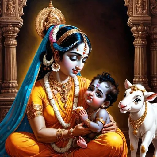 Prompt: Mom yashoda feed son krishna