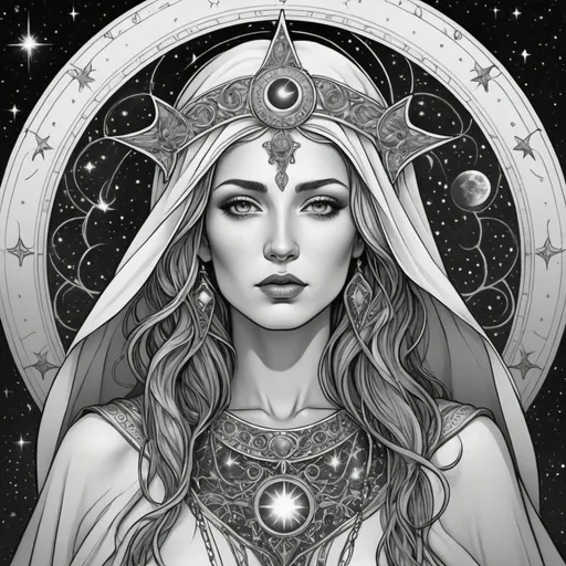 Prompt: Create an incredibly detailed, black and white line illustration intended for an adult coloring book. The central figure should be a beautiful, majestic goddess, referred to as the 'Holy Mother of the Midnight'. She is not related to any existing religious figures but is deeply associated with celestial and nocturnal elements. She is enveloped in a shroud of darkness and under a new moon, surrounded by countless stars. Build this concept art in a fantasy setting with deep, complementary colors and intricate detail, emulating the look of a matte painting.