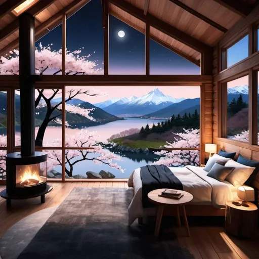 Prompt:  first-person view from inside a huge, massive, modern wood cabin nestled in the mountains, amidst a breathtaking landscape of cherry blossom trees, lakes, and snow. The cabin is thoughtfully designed with a modern touch, while still embracing a cozy atmosphere. The scene portrays a moonlit midnight setting, immersing the viewer in a peaceful and tranquil experience.