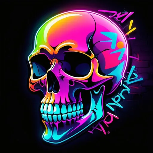 Prompt: Profile picture of '0_in_bones' text above a cartoon looking skull/skeleton in graffiti neon style, vibrant neon colors, urban street art, glowing typography, realistic graffiti texture, edgy and dynamic, high energy, neon glow, graffiti art, urban, vibrant colors, detailed typography, edgy design, professional, neon lighting, highres, cartoon style, drawn.