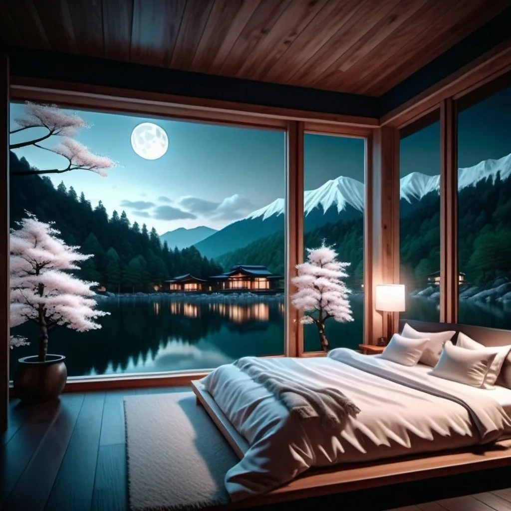 Prompt: Bedroom with mountain lake view, cherry blossom forest COVERS THE BACKGROUND, lake, moonlit sky, white blanket bed, Evgeny Lushpin style, neo-romanticism, kyoto studio, digital rendering, highres, detailed, moonlit, serene, romantic, mountain lake, cherry blossom lake, white blanket bed, moon in the sky, evgeny lushpin, neo-romanticism, kyoto studio, detailed digital rendering, moonlit sky, serene atmosphere, highres quality, romantic lighting