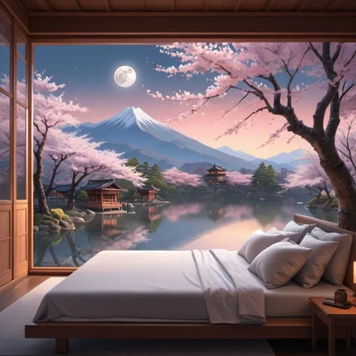 Prompt: a bedroom with a view of a mountain lake and a lake filled with cherry blossom trees with a moon in the sky and a bed with a white blanket, Evgeny Lushpin, neo-romanticism, kyoto studio, a digital rendering