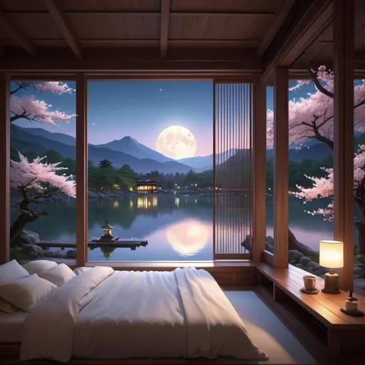 Prompt: Bedroom with mountain lake view, cherry blossom lake, moonlit sky, white blanket bed, Evgeny Lushpin style, neo-romanticism, kyoto studio, digital rendering, highres, detailed, moonlit, serene, romantic, mountain lake, cherry blossom lake, white blanket bed, moon in the sky, evgeny lushpin, neo-romanticism, kyoto studio, detailed digital rendering, moonlit sky, serene atmosphere, highres quality, romantic lighting