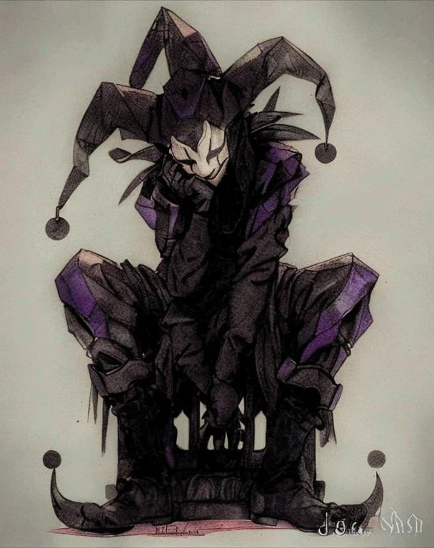 Prompt: Black and purple jester sketch wearing a blank full chrome mask  plate balanced whilst crouching on his grave 