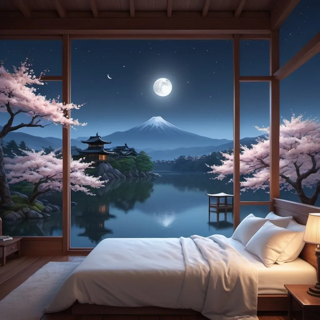 Prompt: Bedroom with mountain lake view, cherry blossom lake, moonlit sky, white blanket bed, Evgeny Lushpin style, neo-romanticism, kyoto studio, digital rendering, highres, detailed, moonlit, serene, romantic, mountain lake, cherry blossom lake, white blanket bed, moon in the sky, evgeny lushpin, neo-romanticism, kyoto studio, detailed digital rendering, moonlit sky, serene atmosphere, highres quality, romantic lighting