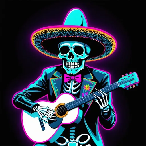 Prompt: a skeleton wearing a mexican hat and holding a guitar in its hand with neon colors on it's face, ESAO, funk art, neon lighting, vector art