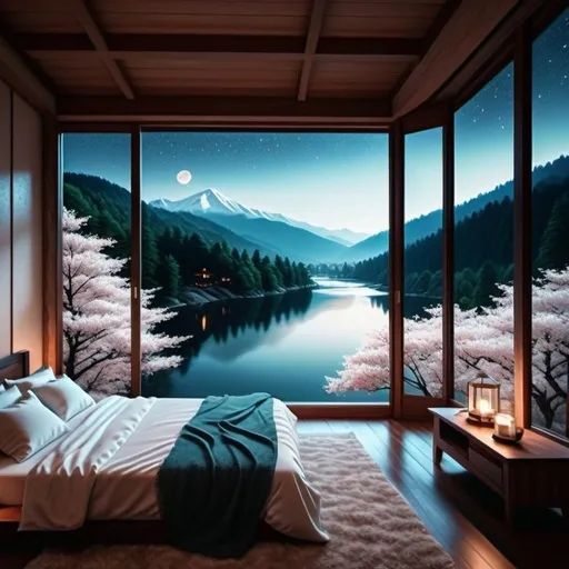 Prompt: Bedroom with mountain lake view, cherry blossom lake, moonlit sky, white blanket bed, Evgeny Lushpin style, neo-romanticism, kyoto studio, digital rendering, highres, detailed, moonlit, serene, romantic, mountain lake, cherry blossom lake, white blanket bed, moon in the sky, evgeny lushpin, neo-romanticism, kyoto studio, detailed digital rendering, moonlit sky, serene atmosphere, highres quality, romantic lighting